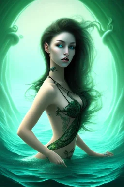 lady muse with black hair dark green eyes top in the ocean