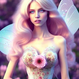 corps entier avec jambes et pieds de belle jeune femme féerique blonde avec cheveux longs, yeux bleus , beau visage détaillé, robe rose, dans un jardin magique et fleuri