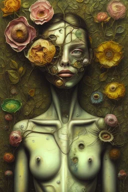 an abstract painting of flowers, by lucian freud and klimpt, rust, scaffolding, iron cladding, decay, mixed media, textured, anatomically correct, beautiful woman perfect face, green eyes, sharp focus, highly detailed. desolate background