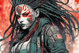 front facing full length portrait illustration of a grunge armored female , beaded dreadlock hair, cyberpunk vampire mercenary wearing an ornate kitsune noh mask , and shemagh, highly detailed with gritty post apocalyptic textures, caught in a cosmic maelstrom of swirling gases , finely detailed facial features and hair, in the graphic novel style of Bill Sienkiewicz, and Jean Giraud Moebius, ink wash and watercolor with realistic light and shadow