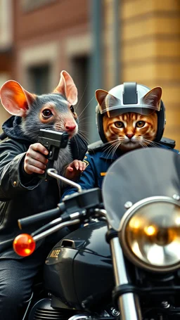 a rat gangster holding a gun toward a police cat , the can hands up officer uniform , and a helmet.riding on a motorcycle , realistic , pro photography , high quality, and cinematic scene