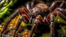 A close-up view of a large spider with hairy legs and a dark, bulbous body. The spider appears to be crawling on a surface with various organic materials, creating a natural, earthy background.