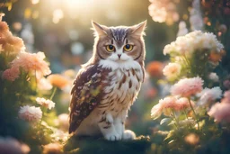 antropomorph cat owl in a flowergarden in sunshine, ethereal, cinematic postprocessing