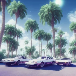 1980's aesthetic vaporwave palm trees with spheres and car