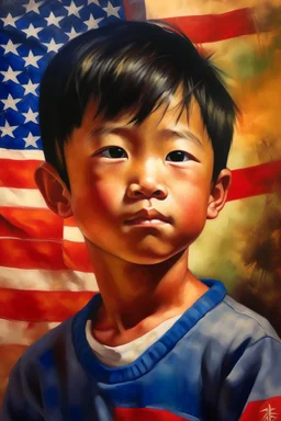 an expressive painting of a Asian boy painting, with American flag in the background, we might see a companion with features of absolute strength and determination, blended with warmth and deep faith. Perhaps his face expresses wisdom and courage, with eyes radiating confidence and faith.