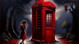 He creates a painting of a red telephone box in rain-soaked London, a woman picking bluebells in a garden, and a dark sunset over the sea in the style of Pierre Paul Prud'hon.