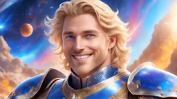 Masterpiece, A Cosmic knight, strong, male, firm, noble, beautiful, blue eyes , blond hair, bright sunday time, smiling, joy, grateful, happy, 8k, 4k, Unreal, highly détaillée, intricate, high quality