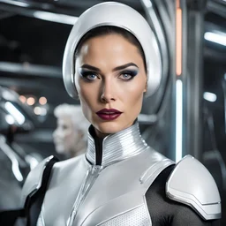 2010s amateur halloween star trek color photograph of very white Gal Gadot as Space Alien Mrs. Claus as a Silver young shutdown android villain standing in north pole workshop. Gal Gadot as star trek seven of nine. Stern emotionless silver robot stitched bride-of-frankenstein. Wearing silver lipstick, thick silver eyeshadow and mascara. Conical Bride of Frankenstein Hair. Bolts in ears. Hair made of toy plastic. Velvet black suit with silver armor. Has small radio antennae in place of ears. She