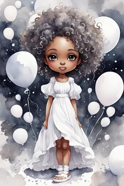 A watercolor fairytale style of a chibi cartoon wearing a white maxi dress and white sandals. Prominent make up with hazel eyes. Highly detailed tight curl afro. Background of white and gray ballons everywhere.