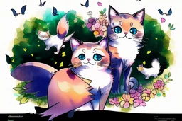 two cute anime chibi cats on either side of the picture looking at a pigeon in the top centre of the picture, flying with an envelope in its mouth in sunshine, flowerfield, watercolor and black ink outlines, ethereal, cinematic postprocessing, bokeh, dof