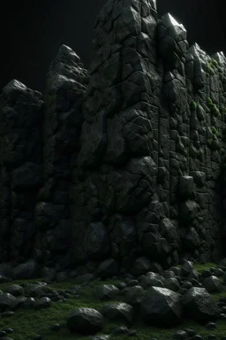 A huge wall made of granite black stones in the forest dark material, surrealist, elementals, intricate background, masterpiece, octane rendered, artstation