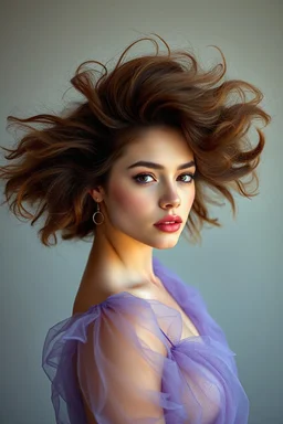 Masterpiece quality Photograph of a 19 year old model with large hair poof, fashion editorial style for a sheer dress, artistic aesthetic, exploring avant garde poses, sheer beauty taken with a Nikon z8, photorealistic, high quality, trending on reddit, 8k