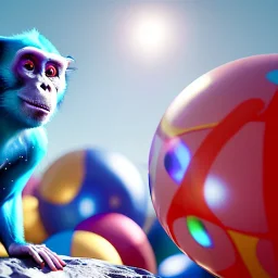 Ultra realistic circus scene. Blue Monkey man, waist up view, Wes Anderson style, happy, bubbles, party, confeti, highly detailed, concept art, unreal engine 5, god rays, ray tracing, RTX, lumen lighting, ultra detail, volumetric lighting, 3d, finely drawn, high definition, high resolution.