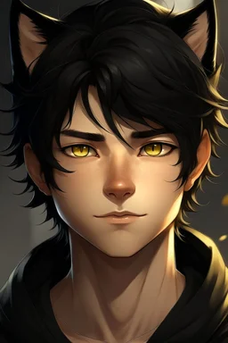 A young male with messy black hair, gold eyes, black cat ears, realistic, slight smile