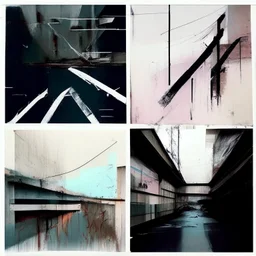 Minimal abstract oil paintings with broad brush strokes of a desolate 1960s carpark concrete fragments. Walls covered in graffiti. style of Justin Mortimer and Francis Bacon. road markings.