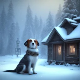 SAD, SCARED, LONELY DOG TIED UP OUTSIDE WITH A HOUSE IN BACKGROUND, WINTER, 8k resolution, high-quality, fine-detail, intricate, digital art, detailed matte, volumetric lighting, illustration, 3D octane render, brian froud, howard lyon, selina french, anna dittmann, annie stokes, lisa parker, greg rutowski