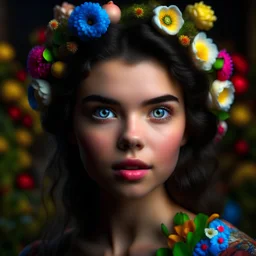 Ultrarrealista: uma pessoa feminina, jovem, olhos perfeitos em tamanho natural, rosto perfeito, leve sorriso para a câmera com enquadramento formato corte americano, flores no cabelo e segurando uma flor, fotografia profissional, iluminação natural, iluminação volumétrica maximalista, foto arte conceitual detalhada, complexa, elegante, expansiva, mais que fantástica!