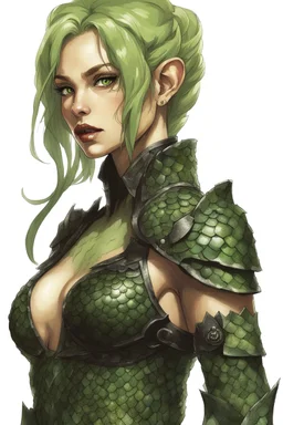 female snake humanoid, green scales, wearing a black leather armor, dungeons and dragons