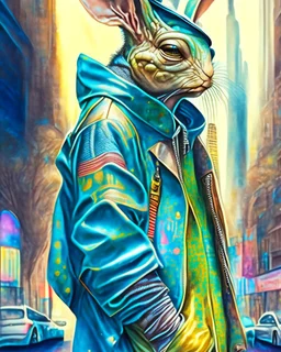 Conejo alienígena antropomorfico con chaqueta, Jens, tennis y gorra en la ciudad, full body, arte de acuarela, calidad ultra, hiperdetallado, maximalista, increíble obra de arte, 12k