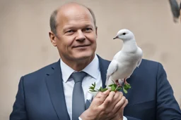 Olaf Scholz next to a dove, holding an olive branch