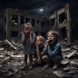 Hyper Realistic Children crying outside a destroyed building in a dark night