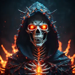 hooded marble skeleton covered with glowing thorns, sharp teeth, evil fire glows in eyes, bright colors, glowing sparkle particles, dark tone, sharp focus, contrast, 8k, incredible depth, dramatic lighting, beautifully intricate details, clean environment, epic dynamic scene