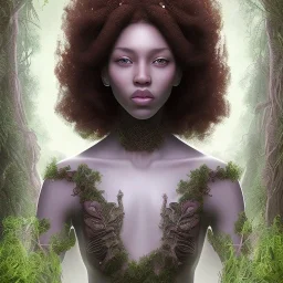 Painting .the face of A young black woman. A wood nymph emerging from the forest. Her hair looks like vines. Dreadlocs. Her skin is the colour of red soil. Her skin looks like tree bark. Her clothing is made of vines, grass and leaves