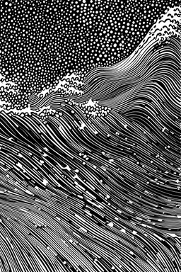 The illustration depicts a seamless wave pattern stretching across the page. Waves of varying sizes and shapes overlap and cascade downwards, creating a dynamic and fluid composition. The waves transition from darker shades of black at the bottom to lighter shades towards the top, mimicking the depth and movement of the ocean. Small details like foam and bubbles can be found within the waves, adding depth and realism to the scene.