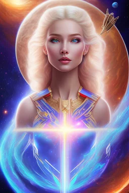 cosmic young woman from the future, one fine whole face, large cosmic forehead, crystalline skin, expressive blue eyes, blue hair, smiling lips, very nice smile, costume pleiadian,rainbow ufo Beautiful tall pleiadian Galactic commander, ship, perfect datailed golden galactic suit, high rank, long blond hair, hand whit five perfect detailed finger, amazing big blue eyes, smilling mouth, high drfinition lips, cosmic happiness, bright colors, blue, pink, gold, jewels, realistic, real