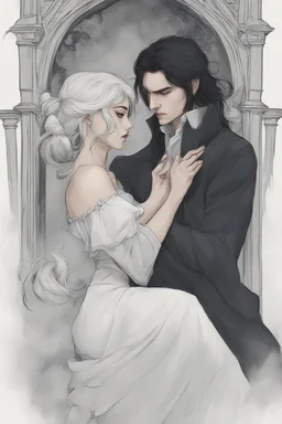 Strahd Von Zarovich, long black hair, being kissed on the mouth by a beautiful woman with white hair, wearing an off the shoulder dress. Settling and background are a lavish toomb with an ebony coffin.