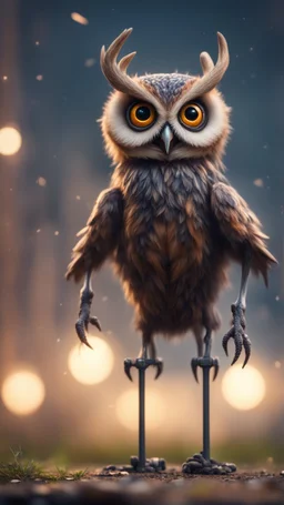 weird owl bear elk alien bird walking on stilts, getting hit by lightening electric arc, with big disturbed eyes,bokeh like f/0.8, tilt-shift lens 8k, high detail, smooth render, down-light, unreal engine, prize winning