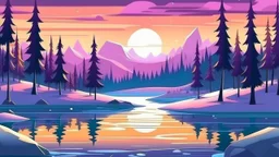 cartoon illustration: beautiful magic frozen lake with pines and purple sky