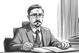 russian man sitting at desk, portrait, speech, nametag, glasses, goatee, short hair, mustache, suit; caricature style, sketch art; black and white; grayscale, pencil drawing