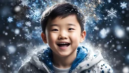 Magical Fantastic young happy Chinese male child, Liquid Structure, Flying snowflakes, excitement, Splash, Portrait Photography, Fantasy Background, Intricate Patterns, Ultra Detailed, Luminous, Radiance, Ultra Realism, Complex Details, Intricate Details, 16k, HDR, High Quality, Trending On Artstation, Sharp Focus, Studio Photo, Intricate Details, Highly Detailed