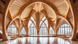 2060 Vista desde el interior de un hermoso e inspirador edificio curvo simétrico construido con elegantes y delgadas vigas de madera entrelazadas, con forma de elegantes parábolas, espirales doradas y círculos. Increíble arquitectura totalmente simétrica, grandes ventanales, ubicación en el campo, noche, estrellas, luciérnagas, montañas distantes, lago, luz natural suave y perfecta, fotografía extremadamente detallada y premiada, hermosa composición, 16k, HDR, enfoque nítido, obra maestra