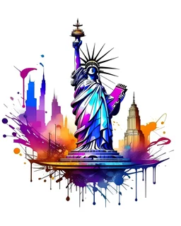 logo on transparent background paper, chromatic, zoom, sharp, realistic, splash of colors on a white background, a detailed golden purple sunset fire style, detailed realistic earth, statue of Liberty new york with light blue water, graffiti elements, powerful zen composition, dripping technique, & the artist has used bright, clean elegant, with blunt brown, 4k, detailed –n 9, ink flourishes, liquid fire, clean white background, zoom in, close-up, make it as a sticker