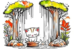 cute chibi cat in a restaurant double exposure waterfall in the forest watercolor and ink