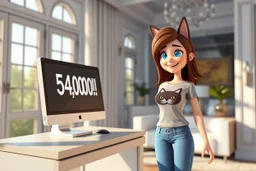 3D video game character, brunette woman with blue eyes in t-shirt with a cat head on it, blue jeans, standing happily shocked looking at a computer on a desk, there is a sign on the monitor "54000!!!" in an elegant modern room in sunshine