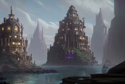 fantasy steampunk cliff palace river seven towers