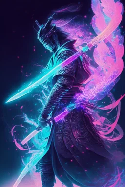 Mystical samurai emitting an aura of transparent dragons with a long, neon sword emitting an aura