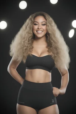 extremely tiny, thin, beautiful 21-year-old Sheena Greane with long, wavy curly blonde hair, wearing black strapless sports bra and cotton shorts, smiling a happy smile, extremely giant, oversized, humongous orbs, pitch black background, professional quality studio 35mm 8x10 uhd photograph,