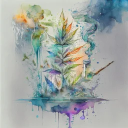 Create a visually captivating water colour sketch that fills the entire canvas with elements represents the different stages of addiction and recovery, incorporating symbolic imagery of weed, smoke, and crushed weed.