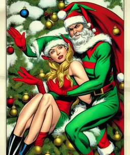 two elves. woman and man. Christmas scene. poster. marvel comic. low-key