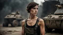 ducking beautiful slender caucasian female technician with a knife, looking away from camera, black tank top, well toned muscles, weathered face, scratched sand camo metal details, short brunette wavy bob haircut, dystopian, postapocalyptic city scene with smoke and explosions. giant satelite dish in the background