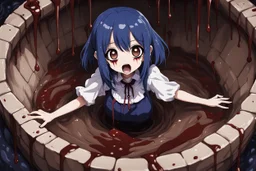 Anime girl with big eyes, darkblue and sepia tones, fullbody, slime, the perspective looking up from the bottom of an empty well, rolling eyes, tongue out, blood drip, open mouth,