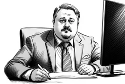 chubby russian man sitting at desk, portrait, speech, nametag, glasses, goatee, short hair, mustache, suit; caricature style, sketch art; black and white; grayscale, pencil drawing