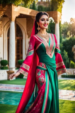 create a video of beautiful azerbaijani lady wearing traditional clothing dancing with sari gelin famous song and music of azerbaijan in a pretty villa garden