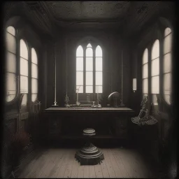 on old church interior, scary, steam punk, realistic, made in octane, cinematic, ultra-realistic, extremely detailed octane rendering, 8K, VRAY Super Real ar 2:3, dof photorealistic futuristic 50mm lens hard lighting dark gray tintype photograph, realistic lighting, sepia color