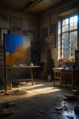 An artist studio with painting stand on it a dark picture of a sad pretty woman . And palate "A very old paints cracked dirty abandoned stage , insanely detailed octane render trending on artstation, 8k artistic photography, photorealistic concept art, soft natural volumetric cinematic perfect light, chiaroscuro, award-winning photograph, masterpiece, oil on canvas, Raphael, Caravaggio, Greg Rutkowski, people, beksinski, Giger