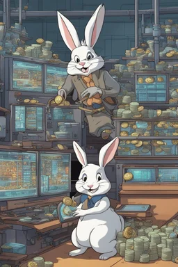 A Bitcoin factory where bunnies run around making coins, crazy, animation, chaos, funny